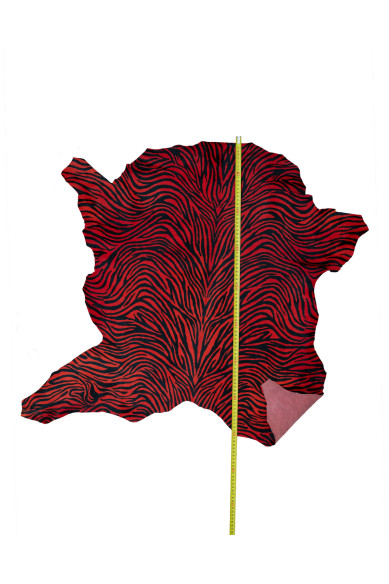 ZEBRA textured hair on leather hide, red and black animal print on hairy cowhide, elegant PONY leather for crafting