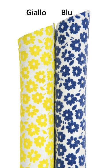 Pellame FLOREALE giallo e blu su fondo bianco, capra morbida stampa FIORI flock, pellame morbido originale per hobbisti