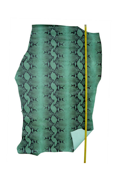Green - black PYTHON textured leather hide, glossy reptile printed cowhide, SNAKE pattern on soft calfskin