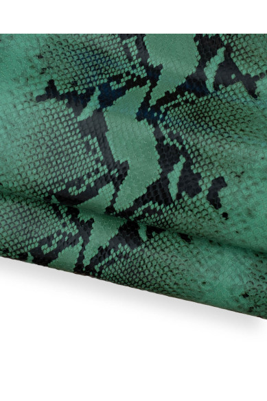 Pelle PITONE verde - nero, vitello stampa serpente, pellame LUCIDO stampa serpente per hobbisti