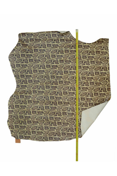 PYTHON textured leather hide, beige brown reptile printed calfskin, SNAKE pattern on soft hide