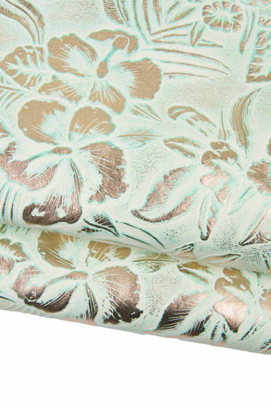 Pelle stampa FLOREALE metallizzata, vitello bianco motivo a fiori LAMINATO rame con contorno verde, pellame di lusso