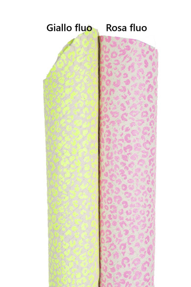 Pellame LEOPARDO FLUORESCENTE rosa - giallo, pelle stampa pitone motivo mini ghepardo fosforescente, capra lucida morbida