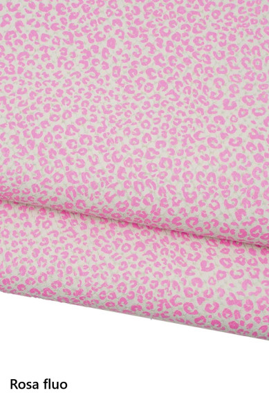 Pellame LEOPARDO FLUORESCENTE rosa - giallo, pelle stampa pitone motivo mini ghepardo fosforescente, capra lucida morbida
