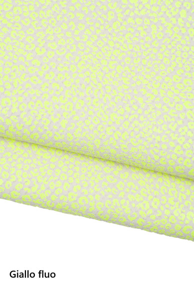 Pellame LEOPARDO FLUORESCENTE rosa - giallo, pelle stampa pitone motivo mini ghepardo fosforescente, capra lucida morbida