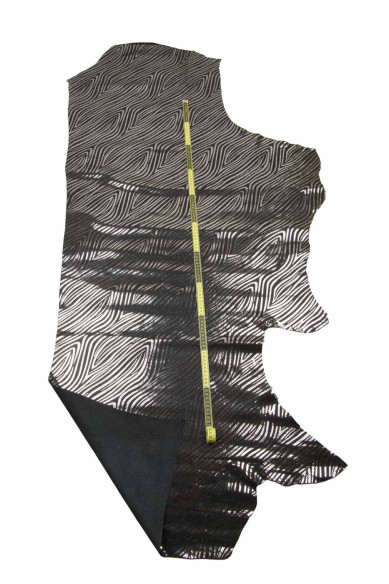 Pellame stampa ZEBRA laminata, vitello zebrato nero su base acciaio, pelle METALLIZZATA motivo animalier