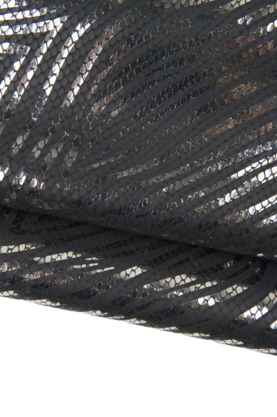 Pellame stampa ZEBRA laminata, vitello zebrato nero su base acciaio, pelle METALLIZZATA motivo animalier
