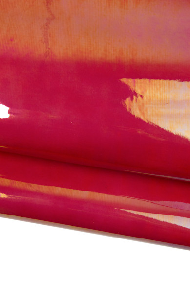 Magenta red HOLOGRAPHIC metallic leather skin, bright PATENT cowhide, smooth bright calfskin, medium softness, 1.1- 1.3 mm