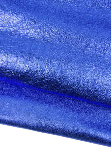 Pellame laminato BLU elettrico , vitello METALLIZZATO stropicciato, pellame lucido morbido 1.0 - 1.1 mm per artigianato