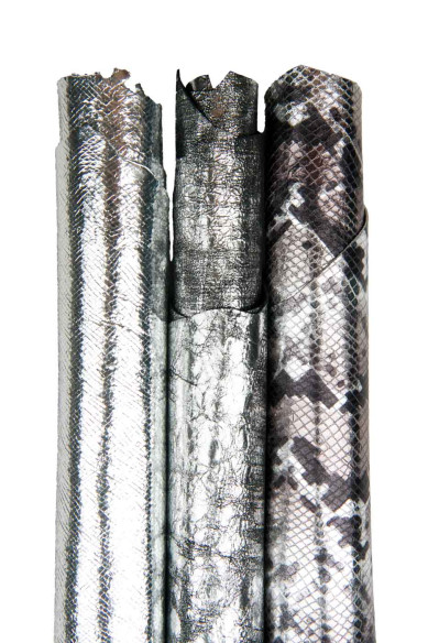 Lotto di 3 pelli ARGENTO,  capre laminate stampa PITONE e CRACKLE, pellami di lusso per fai da te