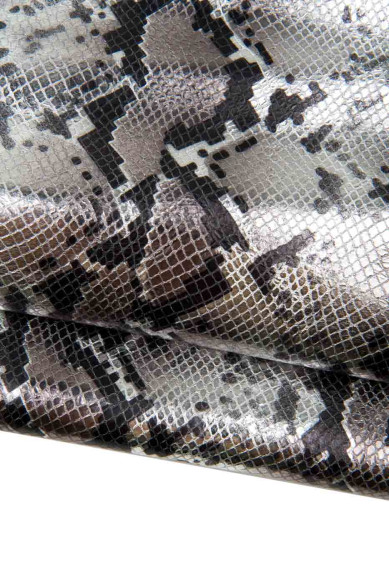 Lotto di 3 pelli ARGENTO,  capre laminate stampa PITONE e CRACKLE, pellami di lusso per fai da te