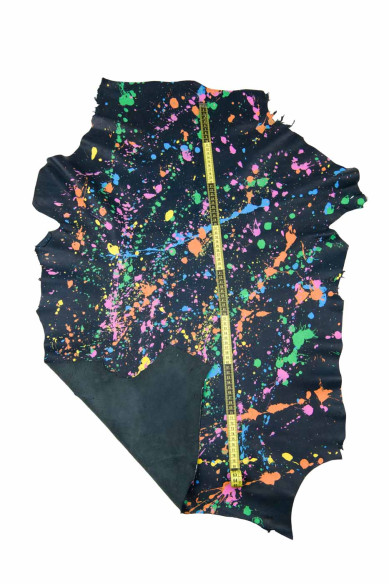 Multicolor SPLASH print on black goatskin, leather skin - pollock pattern, hand PAINTED skin, for hobbyists