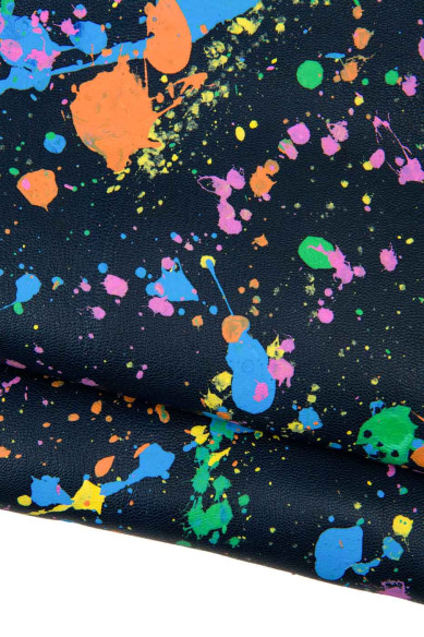 Multicolor SPLASH print on black goatskin, leather skin - pollock pattern, hand PAINTED skin, for hobbyists