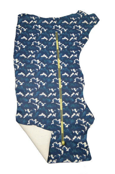 BLUE printed leather hide, abstract pattern on semi glossy calfskin, GRAINY cowhide for crafters