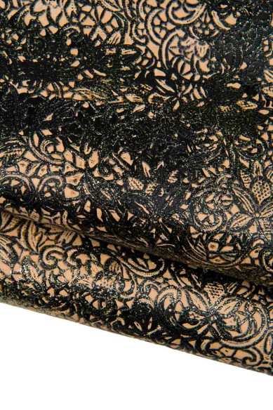 FLORAL textured leather hide,  flower print on calfskin, beige-black glitter hand painted for DIY