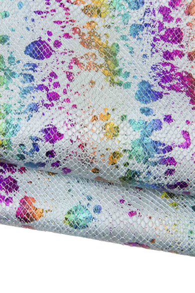 Iridescent MULTICOLOR splash print on silver SNAKESKIN, python printed metallic goatskin, soft bright skin for hobbyists