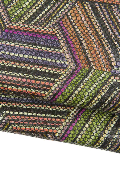 Pelle disegno GEOMETRICO MULTICOLOR, vitello lucido stampato, pellame colorato morbido per il fai da te