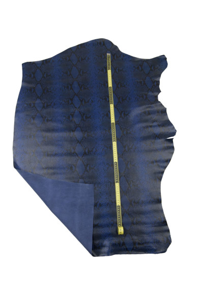 Blue - black PYTHON textured leather hide, soft semi glossy REPTILE printed cowhide, top quality snake calfskin