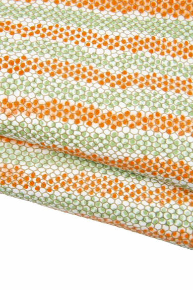 Pelle RETTILE verde arancio, pellame serpente lucido a RIGHE, pelle morbida a strisce