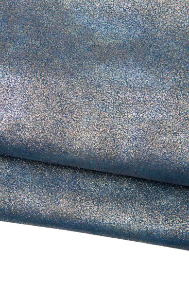 Lot of 3 leather skins matched as per pictures: 2 metallic silver goatskin, 1 blue suede calfskin with silver and gold GLITTER