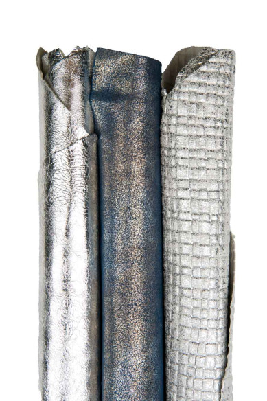 Lot of 3 leather skins matched as per pictures: 2 metallic silver goatskin, 1 blue suede calfskin with silver and gold GLITTER