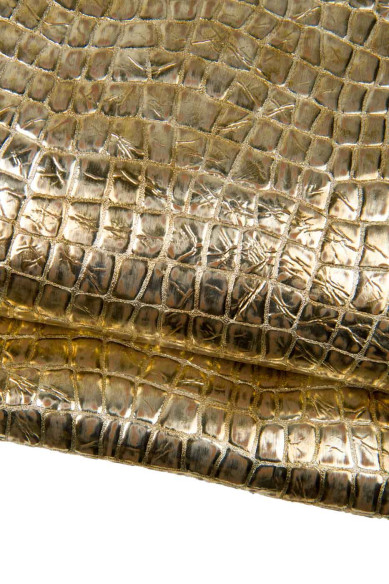 Pellame laminato oro stampa COCCODRILLO, capra metallizzata effetto INVECCHIATO, morbida per il fai da te