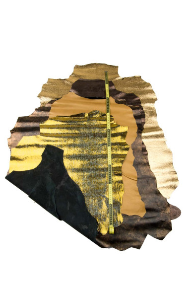 Lotto di 5 pellami oro nero, capre laminate e stampate, morbide e luminose, abbinate come da foto, qualità TOP