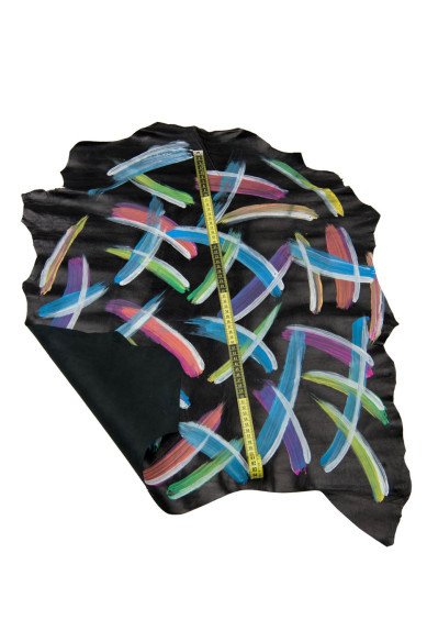 Multicolor HANDPAINTED leather skin, STROKES print on black goatskin, unique hide for hobbyists