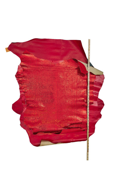 Lotto di 4 pelli  rosse, pellami di capra e agnello laminati, IRIDESCENTI, stampa PITONE  e LUCERTOLA