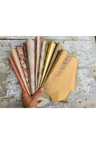 10 Selected leather scraps, PINK, light GOLD tones, mix colorful selection leather remnants as per pictures