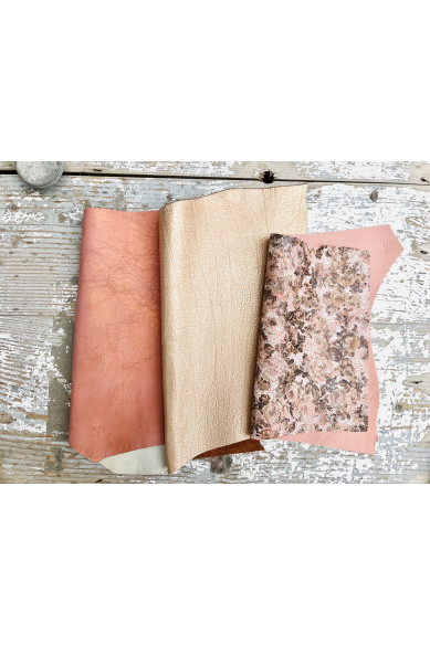 10 Ritagli di pellami unici selezionati, toni ROSA, PLATINO, pezzi di pelle assortimento mix di fantasie come da foto