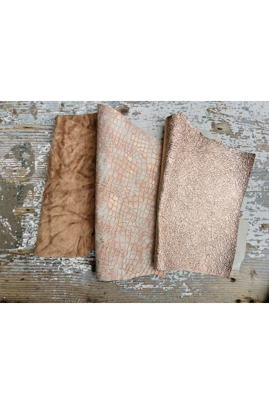 10 Ritagli di pellami unici selezionati, toni ROSA, PLATINO, pezzi di pelle assortimento mix di fantasie come da foto