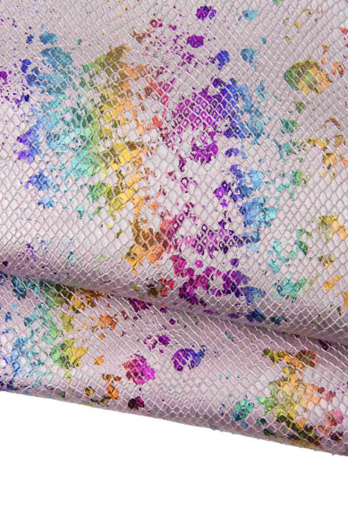 MULTICOLOR holographic metallic snakeskin, SPLASH print on pink python textured goatskin, soft metallic hide