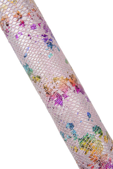 MULTICOLOR holographic metallic snakeskin, SPLASH print on pink python textured goatskin, soft metallic hide