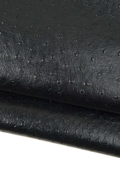 Black OSTRICH embossed leather hide, glossy printed cowhide, super SOFT calfskin 0.7 - 0.8 mm