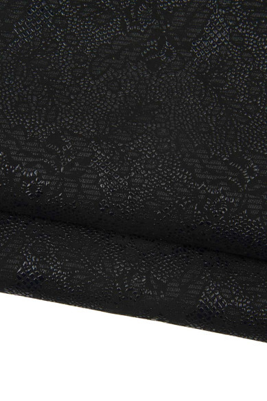 Pellame FLOREALE nero, pelle scamosciata nera stampa a fiori LUCIDA, pellame morbido per hobbisti