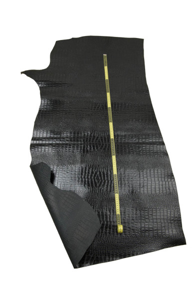 Black CROCODILE embossed leather hide, ALLIGATOR print on cowhide, glossy calfskin for crafting, 0.9 - 1.1 mm