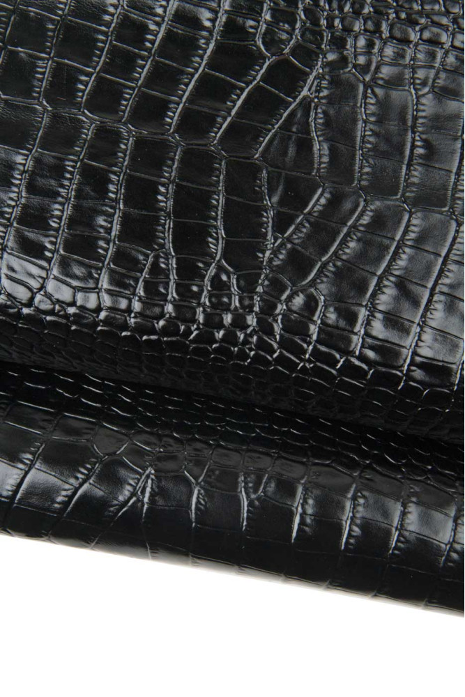 Black CROCODILE embossed leather...