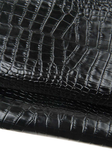 Black CROCODILE embossed leather hide, ALLIGATOR print on cowhide, glossy calfskin for crafting, 0.9 - 1.1 mm