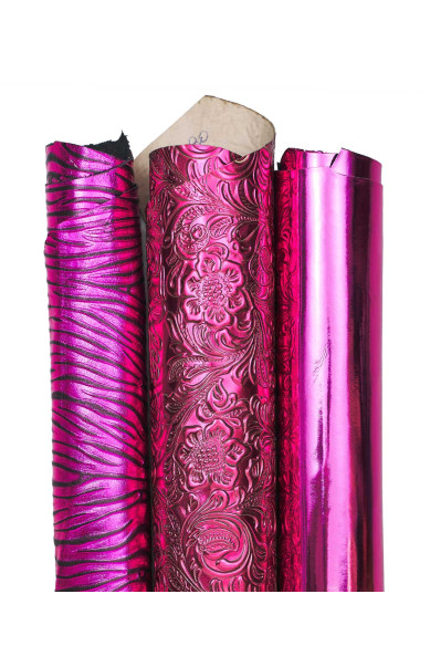 Set di 3 pelli fuxia laminate, pack di pellami di capra laminati tinta unita e stampati motivo FLOREALE / ZEBRA