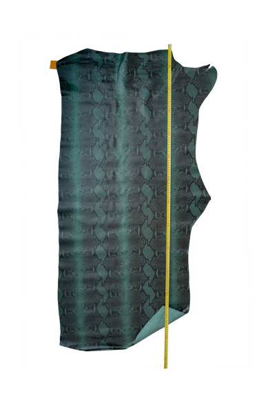 Green black PYTHON printed leather hide, REPTILE pattern on glossy calfskin, snake textured soft cowhide
