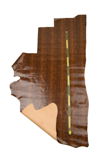 Brown REPTILE embossed leather hide, snake printed cowhide, GLOSSY soft calfskin for diy projects