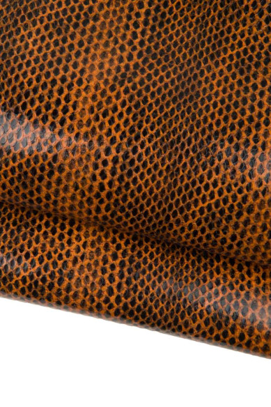Brown REPTILE embossed leather hide, snake printed cowhide, GLOSSY soft calfskin for diy projects