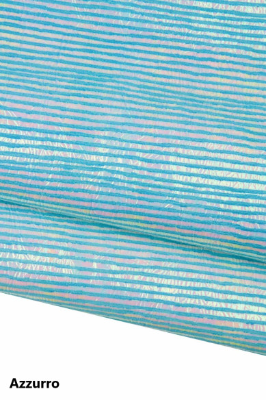 Pelle a RIGHE azzurro e verde su base argento, vitello LAMINATO iridescente, pellame metallizzato rigato morbido
