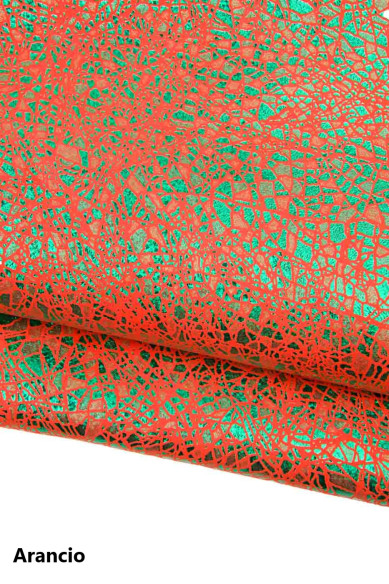 Pelle laminata stampa CRACKLE, capra scamosciata IRIDESCENTE, pellame arancio - viola - fuxia - giallo per fai da te