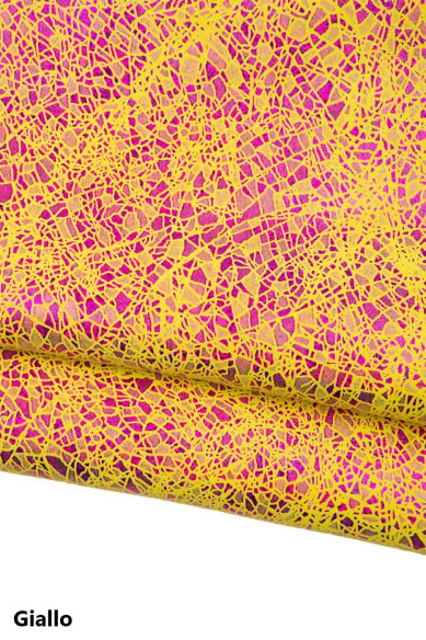 Pelle laminata stampa CRACKLE, capra scamosciata IRIDESCENTE, pellame arancio - viola - fuxia - giallo per fai da te
