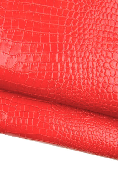 Pelle COCCODRILLO ROSSO stampato, vitello lucido semi rigido, pellame motivo alligatore per fai da te