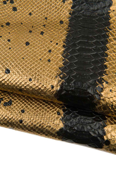 Pelle stampata RETTILE ORO - nero, vitello motivo pitone stampa schizzo e righe, pellame laminato decorato