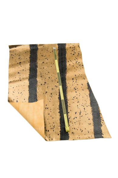 Pelle stampata RETTILE ORO - nero, vitello motivo pitone stampa schizzo e righe, pellame laminato decorato