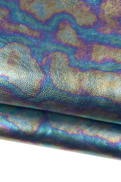 HOLOGRAPHIC leather hide, multicolor metallic print on cowhide, GLOSSY soft material for diy projects